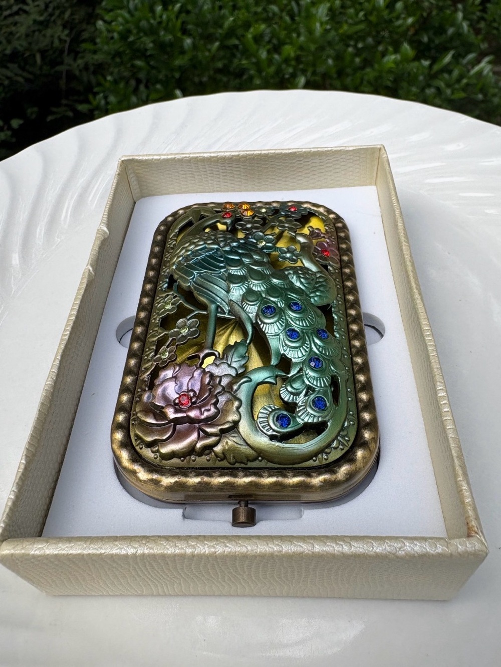 Vintage Style Peacock Compact Mirror - Iridescent Green and Gold